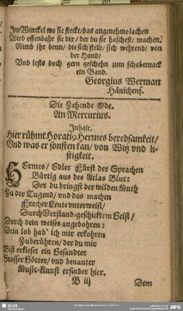 Die Zehende Ode. An Mercurius
