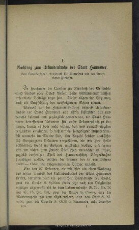 I. Nachtrag zum Urkundenbuche der Stadt Hannover