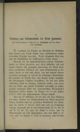 I. Nachtrag zum Urkundenbuche der Stadt Hannover