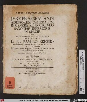 Discussio Iurispublici Academica De Iure Praesentandi Assessorem Cameralem In Genere Et In Circulo Saxoniae Inferioris In Specie