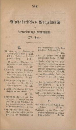 Alphabetisches Verzeichniß der Verordnungs-Sammlung. XV. Band
