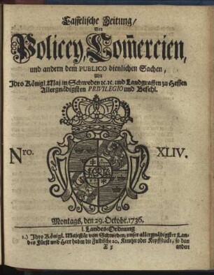Nro. XLIV, Montags, den 29. Octobr 1736