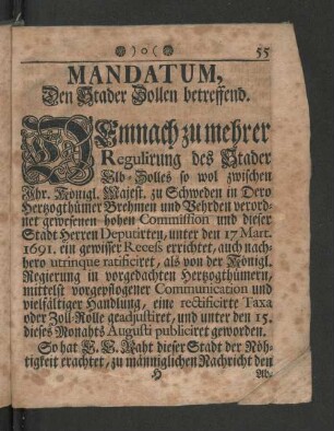 Mandatum, Den Stader Zollen betreffend.