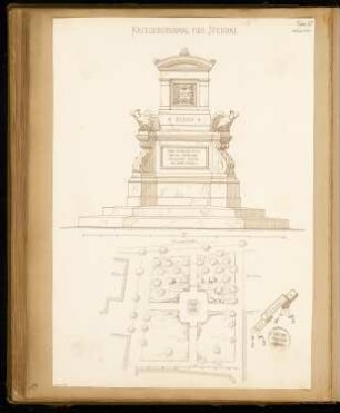 Gefallenendenkmal, Stendal Monatskonkurrenz März 1875: Lageplan 1:500, Aufriss Vorderansicht 1:20; 2 Maßstabsleisten