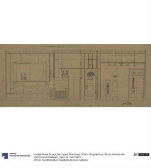 Darmstadt, Wohnhaus Olbrich, Erdgeschoss, Studio, Aufrisse der Ost Süd und Westwand