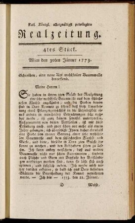 4tes Stück. Wien den 30ten Jänner 1773.