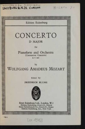 Concerto D major for pianoforte and orchestra : (coronation concerto) : K.V. 537