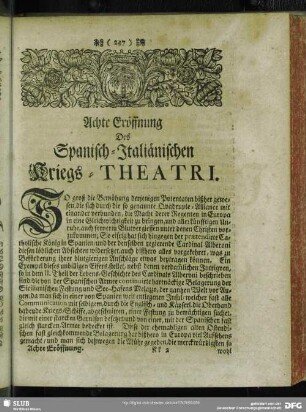 Achte Eröffnung Des Spanisch-Italiänischen Kriegs-Theatri