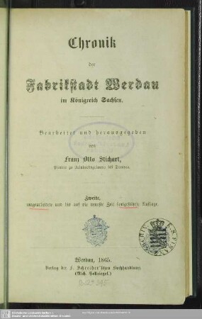 Chronik der Fabrikstadt Werdau im Königreich Sachsen