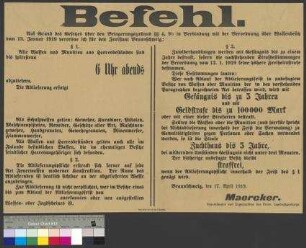 Anordnung zur Ablieferung von Waffen und Munition im Freistaat Braunschweig (Entwurf) durch General Maercker