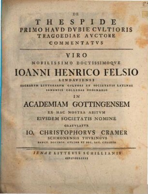 Commentatio De Thespide Primo Haud Dubie Cultioris Tragoediae Auctore