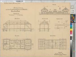 Revisionszeichnung zu einem Empfangsgebäude auf Bahnhof Caternberg-Nord: Ansicht, Grundriß, Schnitte, Sparrenlage, Lageplan, M. 1:100 und M. 1:1.000 Hge, Sknr.: 1, Fanr.: 12, Bunr.: 2