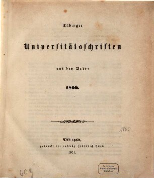 Tübinger Universitätsschriften, 1860