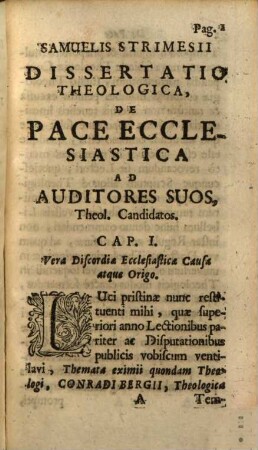 Dissertatio Theologica De Pace Ecclesiastica