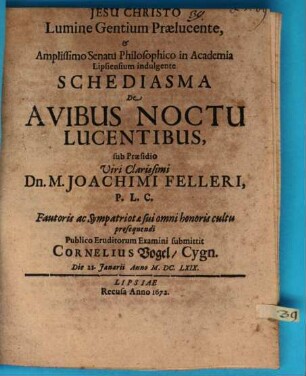 Schediasma De Avibus Noctu Lucentibus