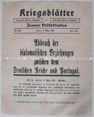 Extrablatt des "Jenaer Volksblattes" u.a. zum Abbruch der diplomatischen Beziehungen zwischen Deutschland und Portugal