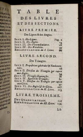 Table des Livres et de Sections.