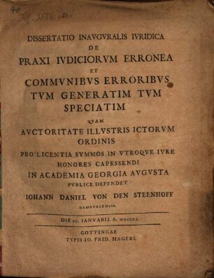 Diss. inaug. iur. de praxi iudiciorum erronea et communibus erroribus tum generatim, tum speciatim
