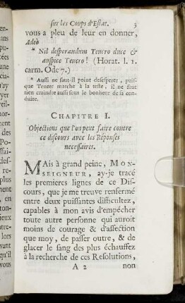 Chapitre I. Objections que l'on peut faire contre ce discours avec les Réponses necessaires.