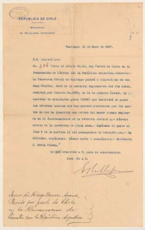 [36]: Brief des Ministerio de Relaciones Esteriores an Diego Barros Arana zur Aisén-Expedition