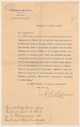 [36]: Brief des Ministerio de Relaciones Esteriores an Diego Barros Arana zur Aisén-Expedition
