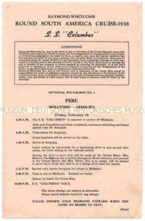Ausflugsprogramm von der Südamerika-Rundreise auf der "Columbus" für den Aufenthalt in Peru (englisch) - Nachlass