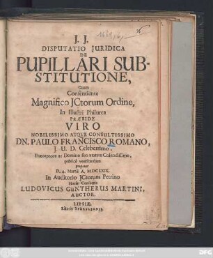 Disputatio Iuridica De Pupillari Substitutione