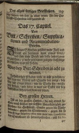Das 17. Capitel. Von Bitt-Schreiben/ Cupplicatioen und Recommendation-Briefen.