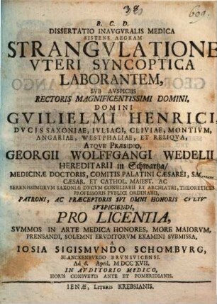 Dissertatio inauguralis medica sistens aegram strangulatione uteri syncoptica laborantem