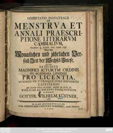 Dissertatio Inavgvralis De Menstrva Et Annali Praescriptione Literarvm Cambialivm, Occasione §. XXXII. Ord. Camb. Lips.