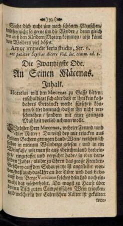 Die Zwantzigste Ode. An Seinen Mäcenas