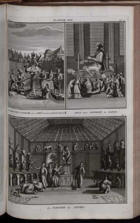 Planche XLV. : No 1. La Divinité Supreme qui a Creё le monde suivant les Japonois ; No 2. Xaca autres Divinité du Jaipon ; No 3. La Pagode des Singes