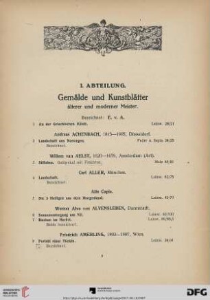 I. Abteilung. Gemälde und Kunstblätter älterer und moderner Meister (Nr. 1-251)