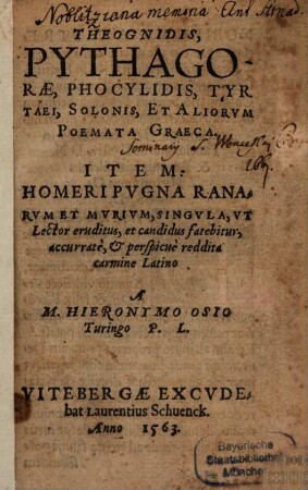 Theognidis, Pythagorae, Phocylidis, Tyrtaei, Solonis, Et Aliorum Poemata Graeca