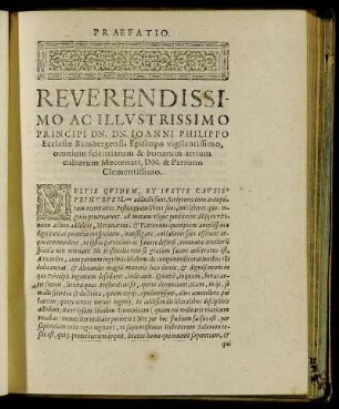 Reverendissimo Ac Illustrissimo Principi Dn. Dn. Ioanni Philippo Ecclesiæ Bambergensis [...]