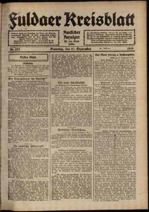 Erste Ausgabe vom Samstag, den 27. September 1919.
