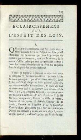 Eclaircissemens sur l' Esprit des Loix.