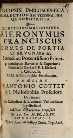 Synopsis philosophica praelectionum triennalium quadripartita