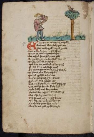 Jäger mit Vogel und Vogel im Baum, (Vom Jäger und der Nachtigall, Kapitel XCII nach Pfeiffer)