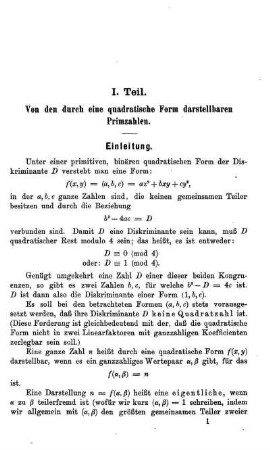 1. Teil - Von den durch eine quadratische Form darstellbare Primzahlen.