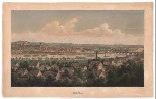 Ansicht von Pirna, Lithographie, um 1860 : Frank, Gustav : Pirna / aufgenommen u. lith. v. G. Frank. - Leipzig : H. Arnold , [ca. 1860]. - 1 Kunstbl. : kolor. Lithogr. ; 60 x 35 cm