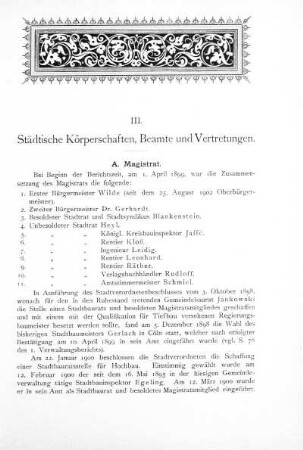 III. Städtische Körperschaften, Beamte und Vertretungen