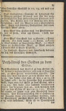 Verhältniß des Goldes zu dem Silber
