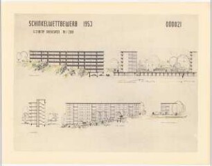 Wohnhausgruppe im sozialen Wohnungsbau Schinkelwettbewerb 1954: 4 Ansichten, Querschnitt des 6-Zimmer-Typs 1:200
