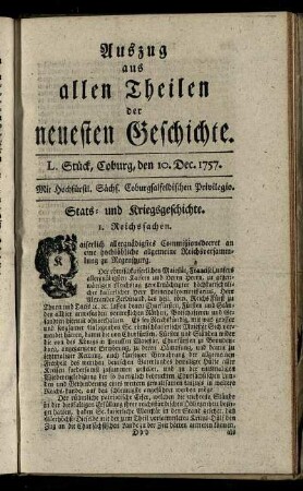 L. Stück, Coburg, den 10. Dec. 1757.