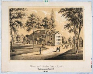 Erinnerungsblatt des Sommertheaters im Linckeschen Bad, zwischen Bautzner Straße und Elbuferpromenade an der Prießnitzmündung in Dresden (1776 erbaut, 1858 für Ausflugsgasthof abgerissen)