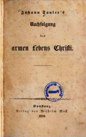 Johann Tauler's Nachfolgung des armen Lebens Christi