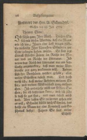 Antwort des Hrn. D. Schmidts. Gießen den 18. Jan. 1772.