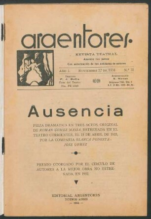 1934003100: Ausencia : [pieza dramática en tres actos]