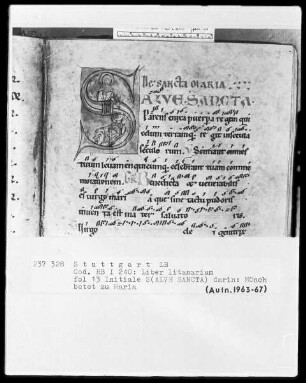Liber Litaniorum et Benedictionum (Sammelhandschrift) — Litaneien, Folio 1recto-28verso — ---, Folio ---Initiale S (alve sancta) oben Maria, unten kniender Mönch, Folio 13recto